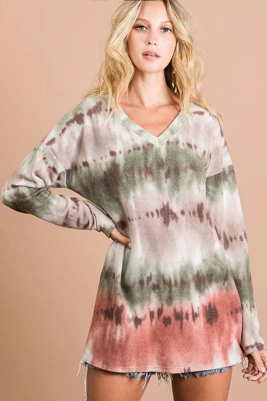 BiBi Brushed Tie Dye Looking Print V Neck Top - OLIVE/TAUPE/RUST / M - Thumbnail 7