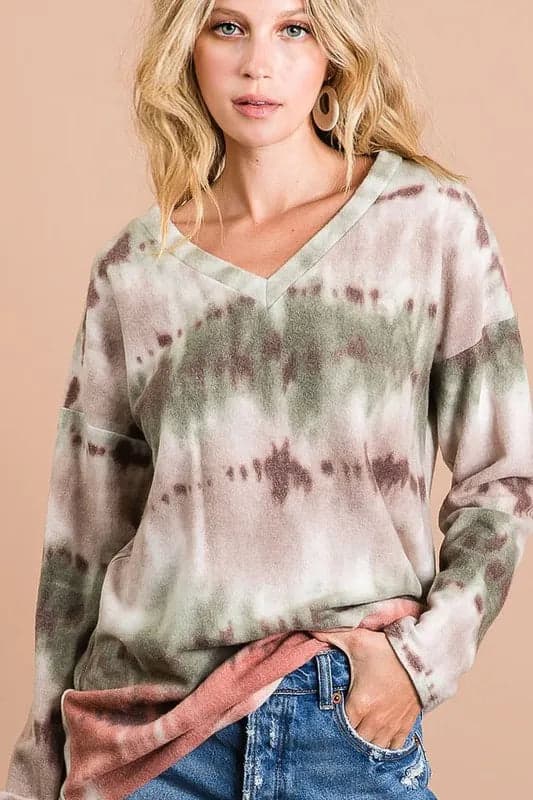 BiBi Brushed Tie Dye Looking Print V Neck Top - OLIVE/TAUPE/RUST / XL - Thumbnail 3