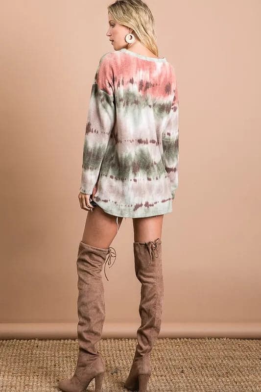 BiBi Brushed Tie Dye Looking Print V Neck Top - OLIVE/TAUPE/RUST / S - Thumbnail 11
