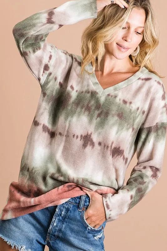BiBi Brushed Tie Dye Looking Print V Neck Top - OLIVE/TAUPE/RUST / XL - Thumbnail 4