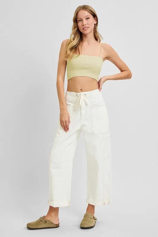 RISEN Full Size High Rise Crop Wide Barrel Cargo Pocket Jeans Plus Size - Cream / 2XL - Thumbnail 6