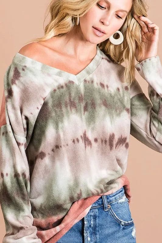 BiBi Brushed Tie Dye Looking Print V Neck Top - OLIVE/TAUPE/RUST / S