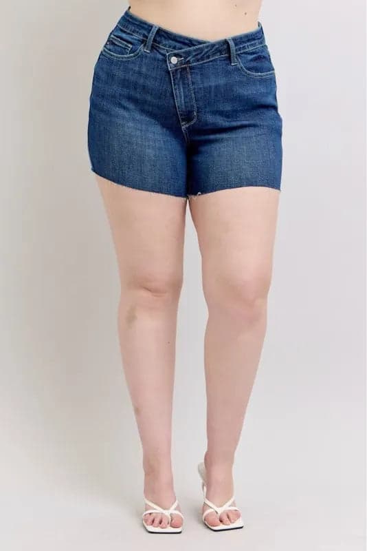Judy Blue Full Size High Waist Criss-Cross Waistband Denim Shorts Plus Size - DK / S - Thumbnail 10