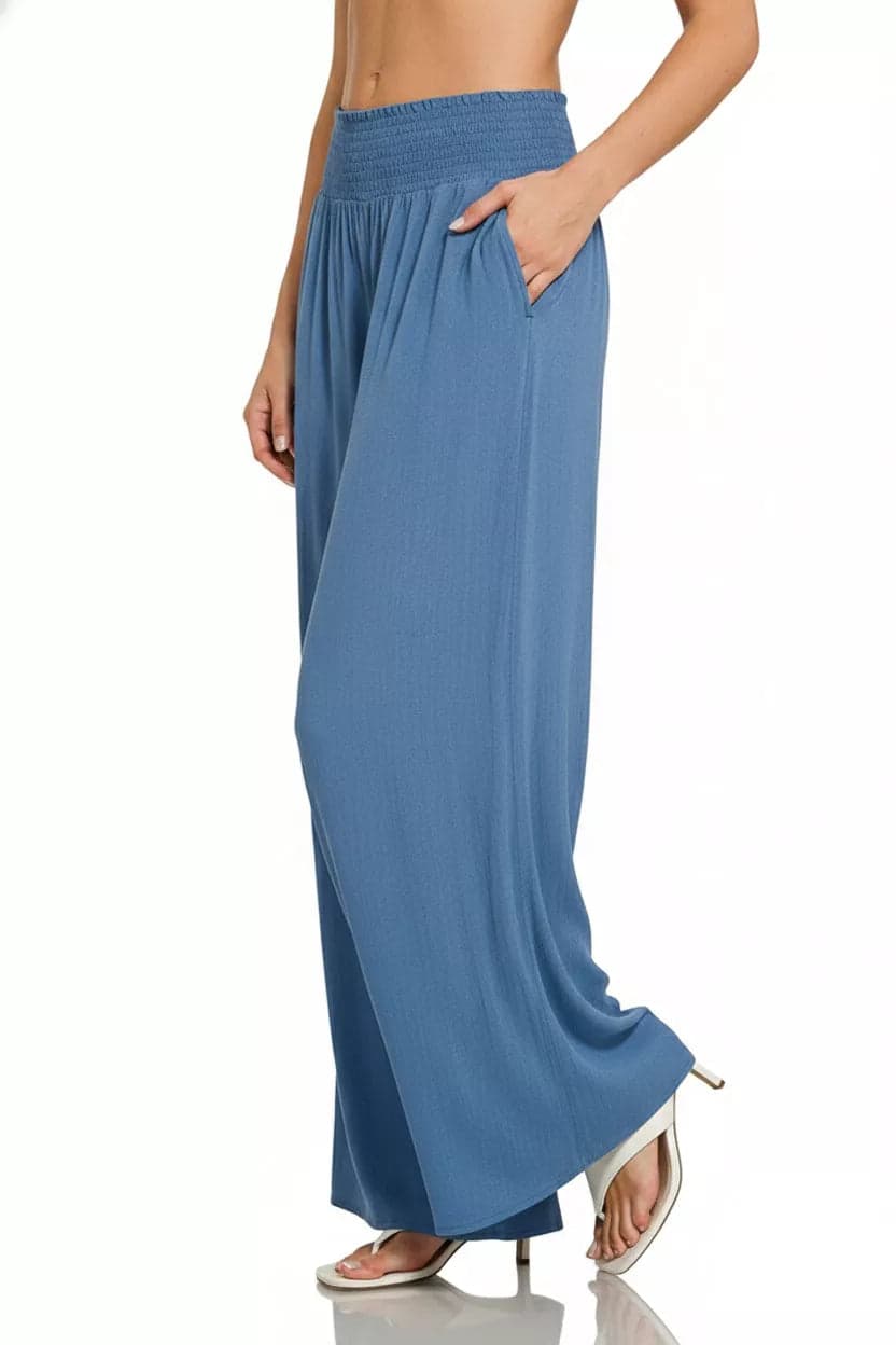 Zenana Smocked Waistband Wide Leg Lounge Pants - DENIM / S - Thumbnail 2