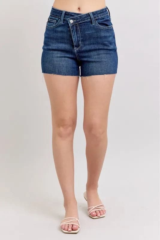 Judy Blue Full Size High Waist Criss-Cross Waistband Denim Shorts Plus Size - DK / S