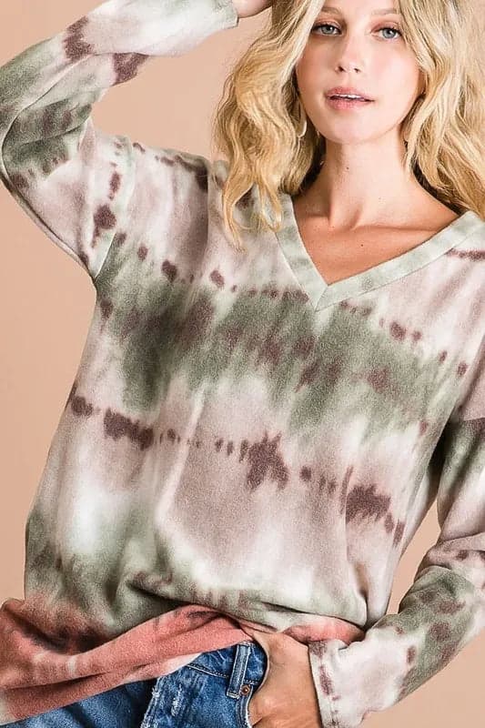 BiBi Brushed Tie Dye Looking Print V Neck Top - OLIVE/TAUPE/RUST / XL - Thumbnail 8