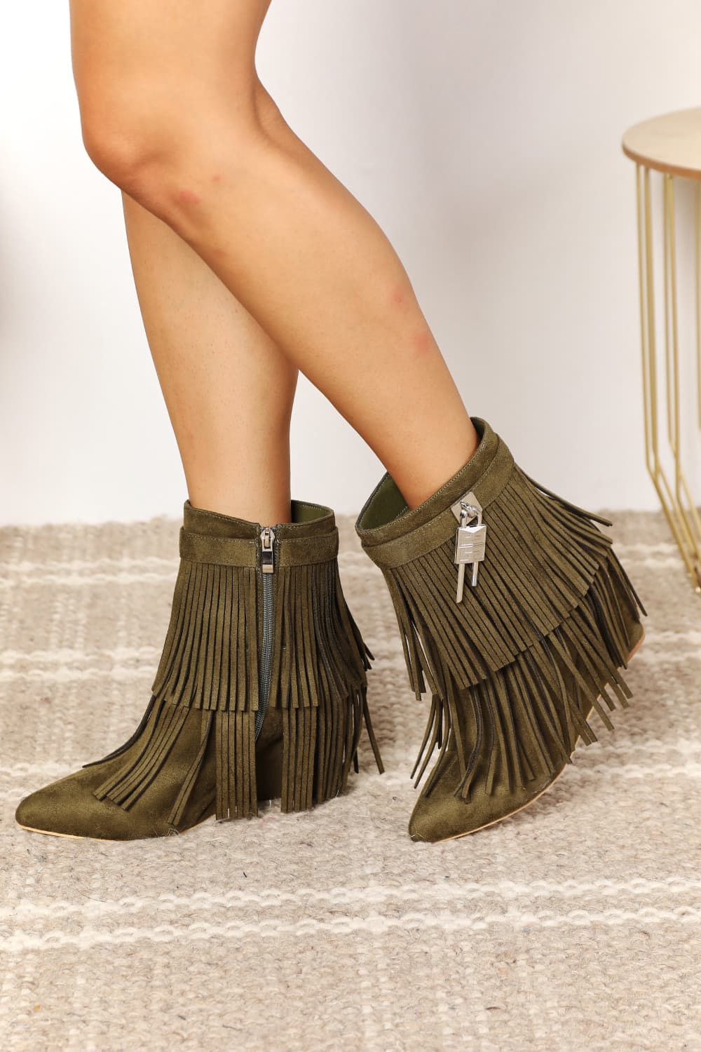 Legend Women's Tassel Wedge Heel Ankle Booties - Olive / 6.5
