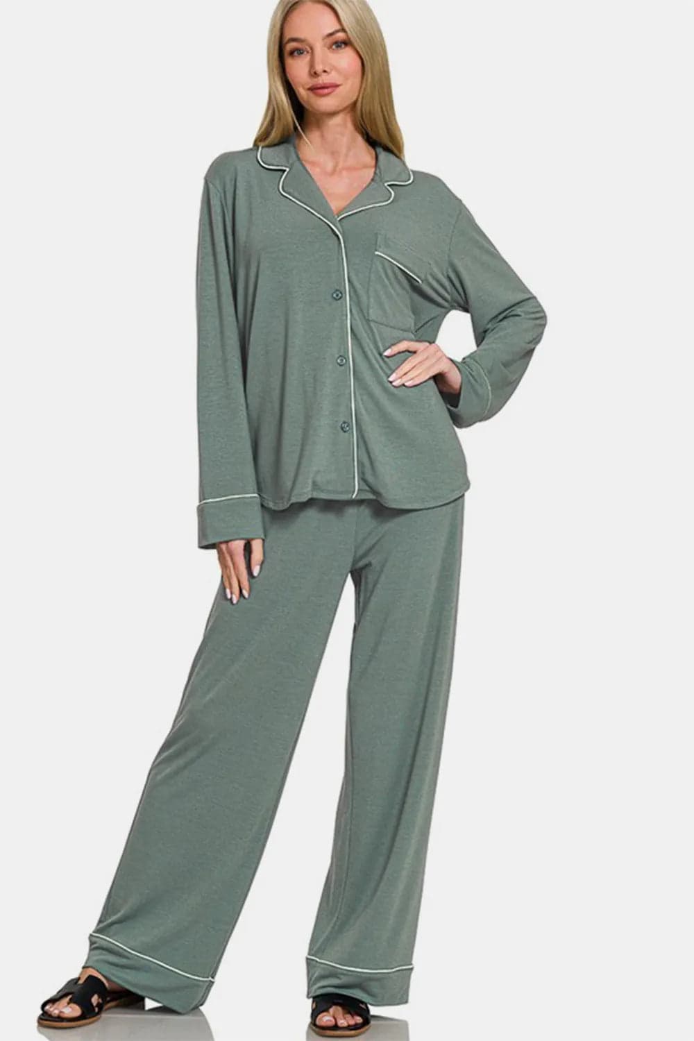 Zenana Button Down Long Sleeve Top and Pants Lounge Set - Sage / XL