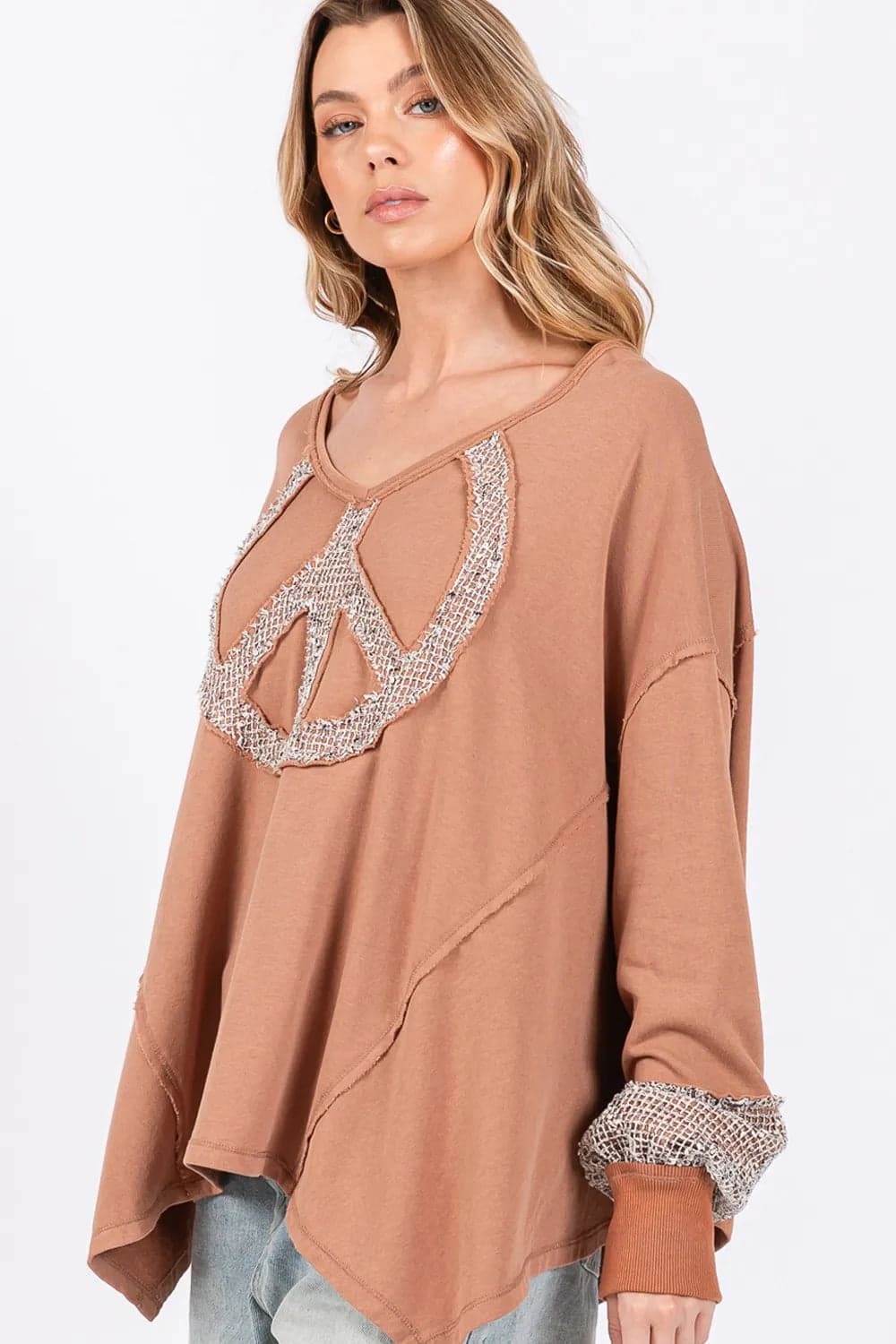 SAGE + FIG Peace Sign Mineral Wash Terry Top - Camel / S - Thumbnail 3