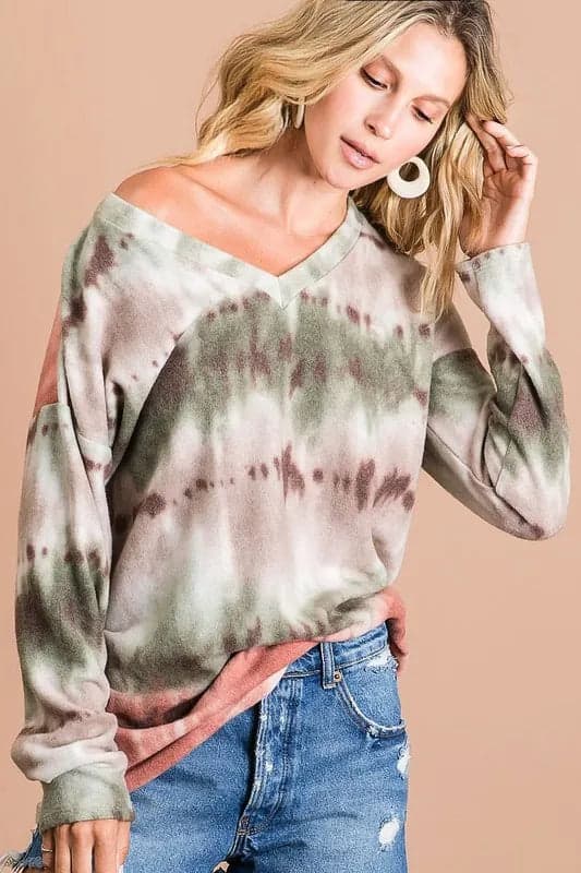 BiBi Brushed Tie Dye Looking Print V Neck Top - OLIVE/TAUPE/RUST / M - Thumbnail 6
