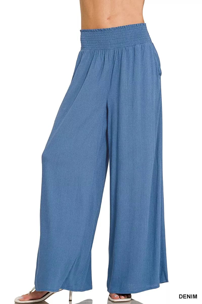 Zenana Smocked Waistband Wide Leg Lounge Pants - DENIM / S