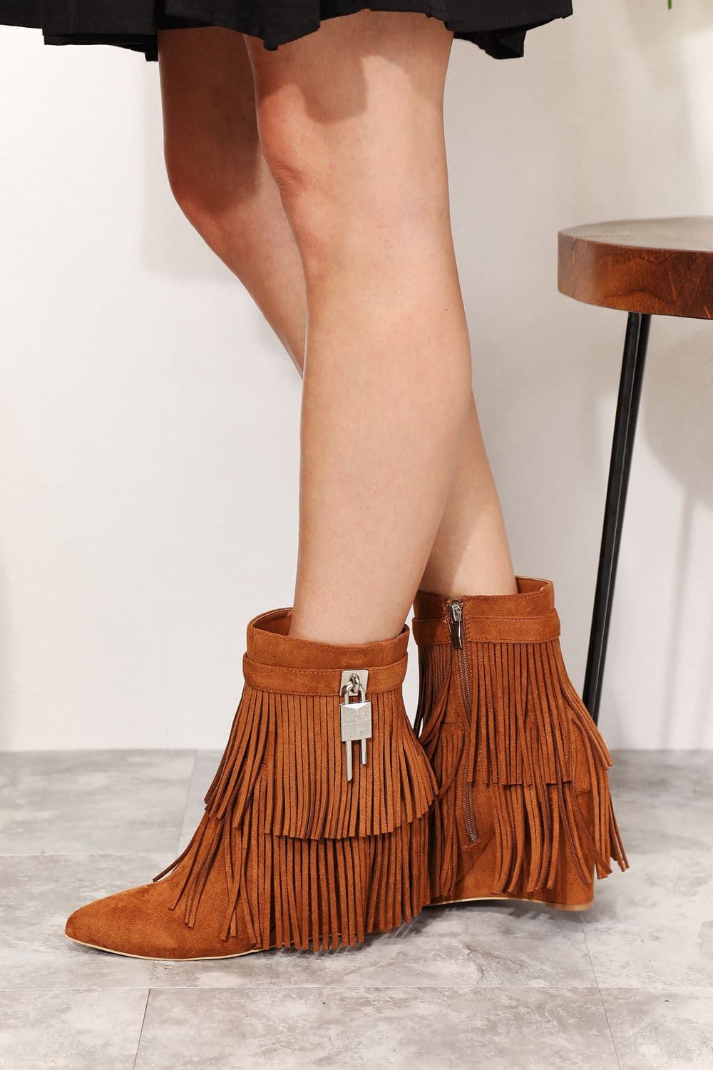 Legend Women's Tassel Wedge Heel Ankle Booties - Caramel / 6 - Thumbnail 4