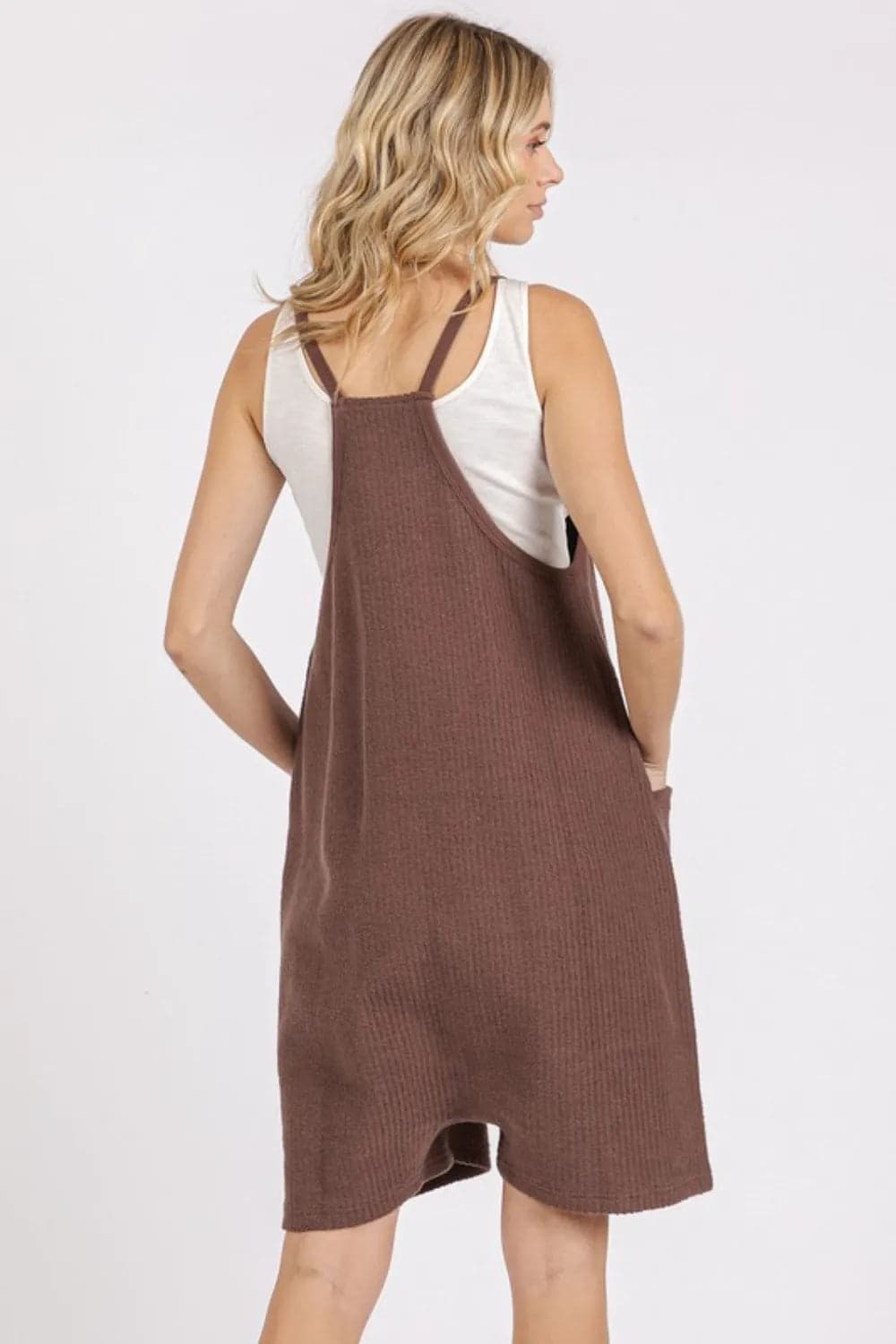 Mittoshop Scoop Neck Spaghetti Strap Overalls with Pockets - Brown / M - Thumbnail 3