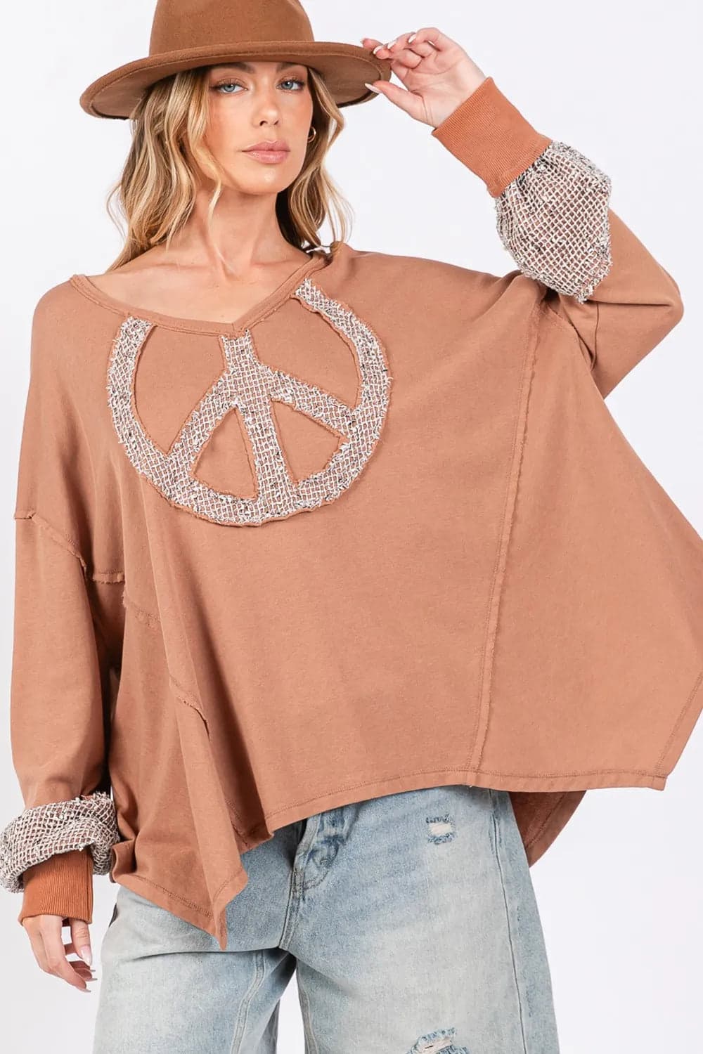 SAGE + FIG Peace Sign Mineral Wash Terry Top - Camel / M