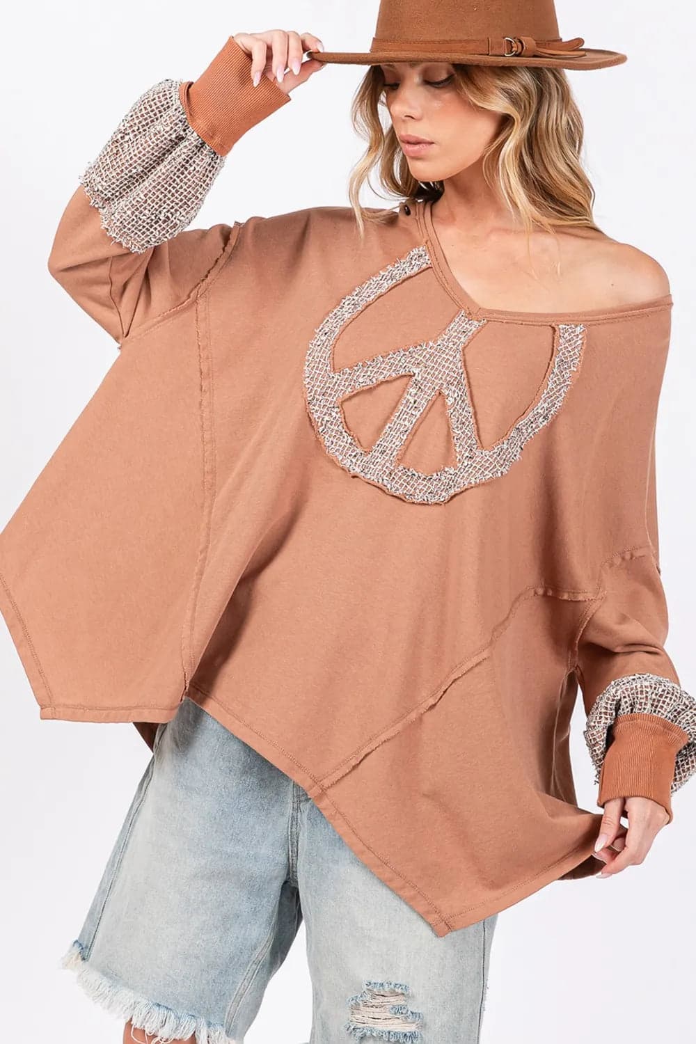 SAGE + FIG Peace Sign Mineral Wash Terry Top - Camel / M - Thumbnail 5