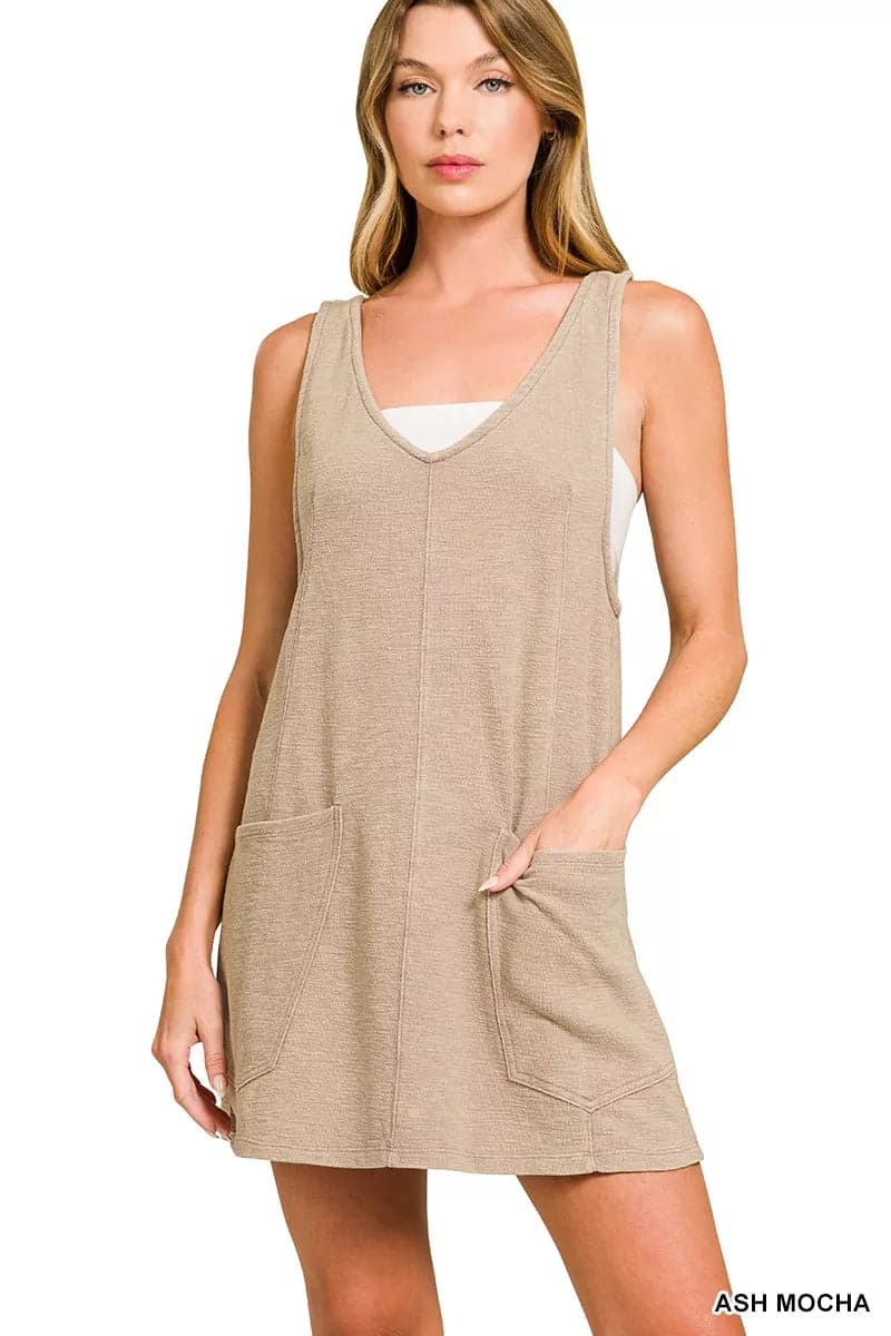 Zenana Washed Slub Adjustable Strap Overall Dress - ASH MOCHA / M