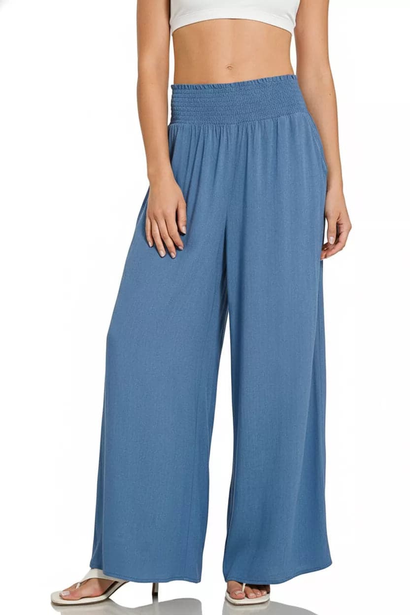 Zenana Smocked Waistband Wide Leg Lounge Pants - DENIM / S - Thumbnail 3