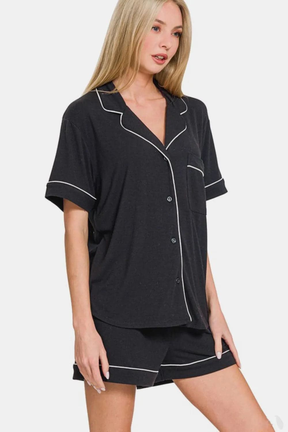 Zenana Button Down Short Sleeve Top and Shorts Lounge Set - Black / L - Thumbnail 2