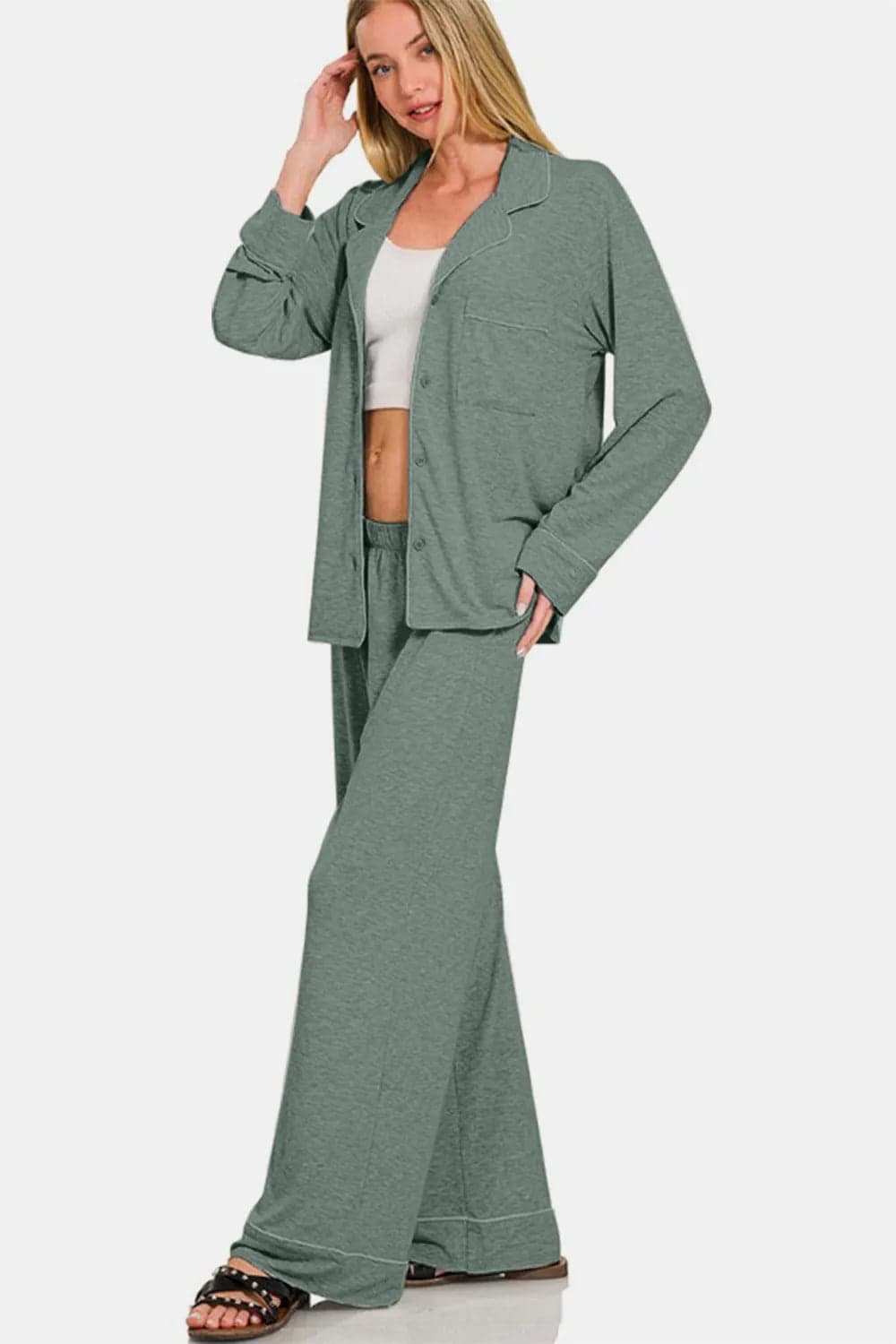 Zenana Button Down Long Sleeve Top and Pants Lounge Set - Sage / XL - Thumbnail 2