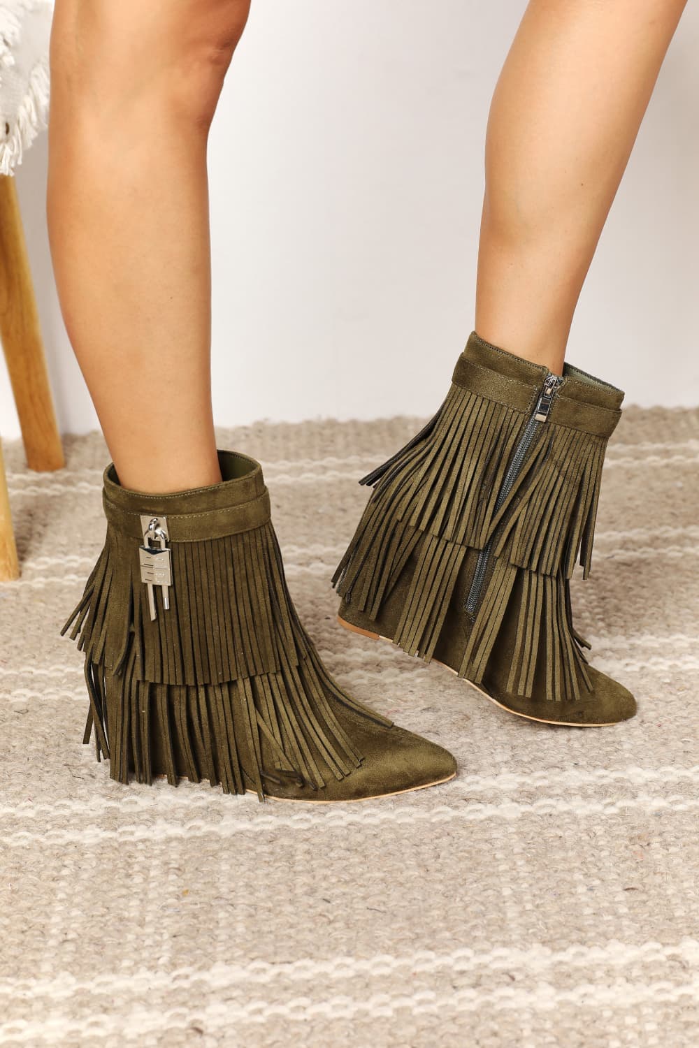 Legend Women's Tassel Wedge Heel Ankle Booties - Olive / 6.5 - Thumbnail 2
