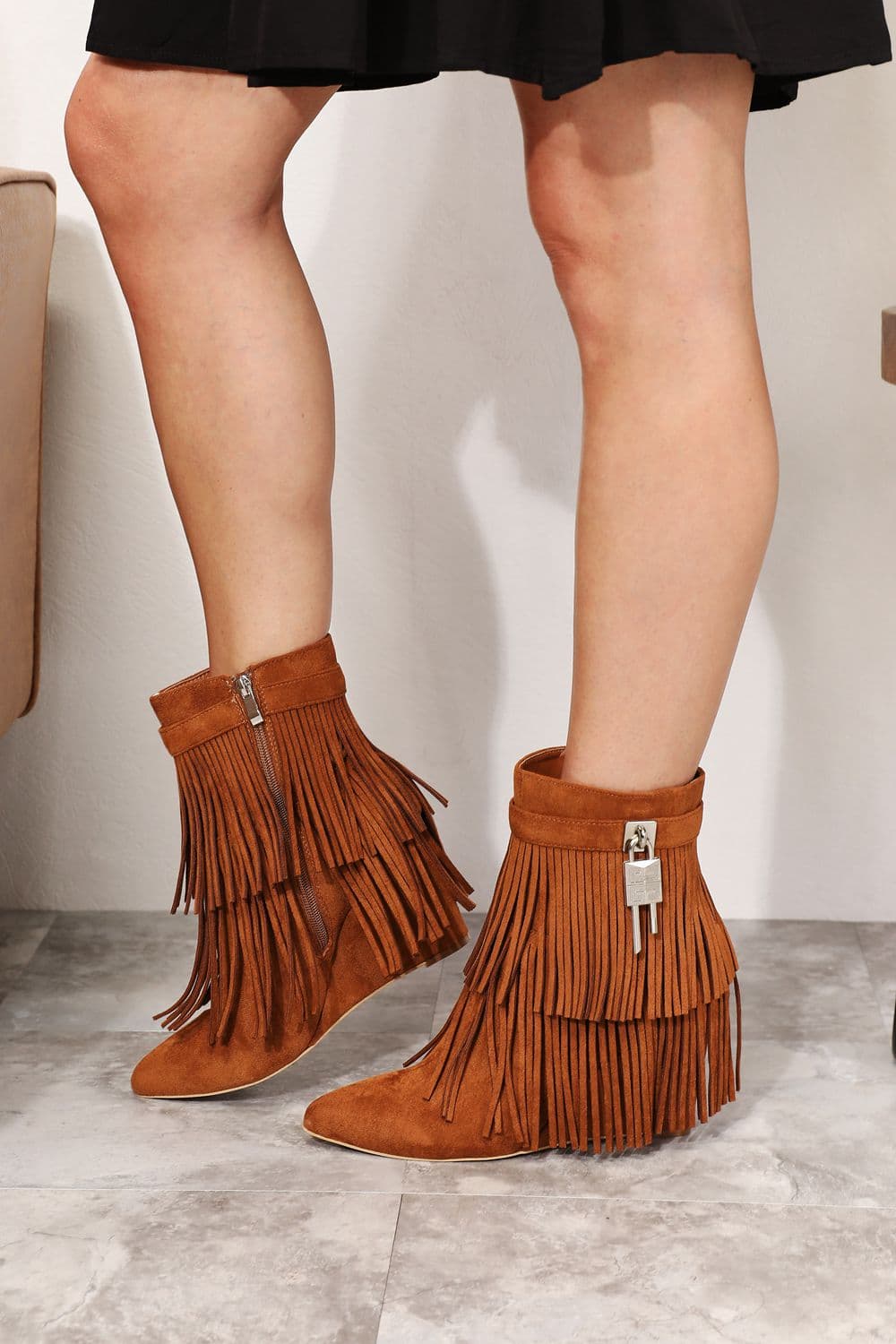 Legend Women's Tassel Wedge Heel Ankle Booties - Caramel / 6 - Thumbnail 3