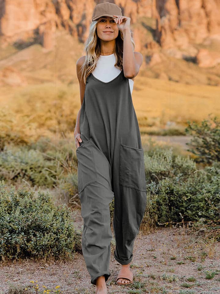 Double Take Full Size Sleeveless V-Neck Pocketed Jumpsuit - Orange / 3XL