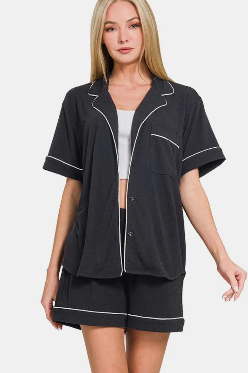 Zenana Button Down Short Sleeve Top and Shorts Lounge Set - Black / L