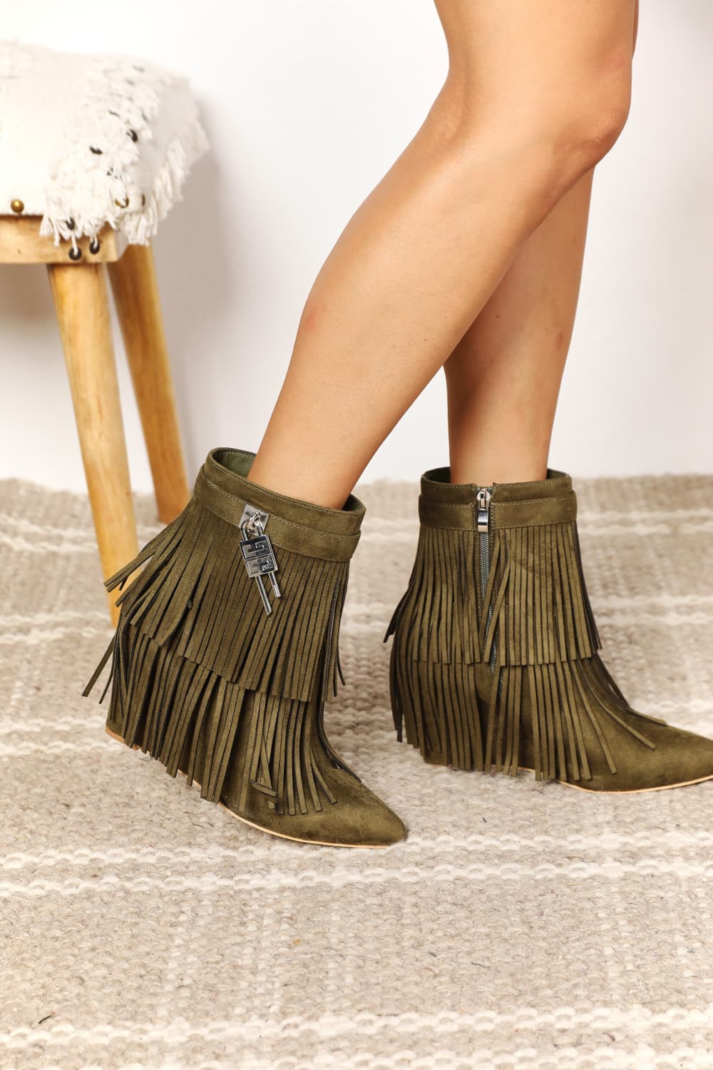 Legend Women's Tassel Wedge Heel Ankle Booties - Olive / 6.5 - Thumbnail 3