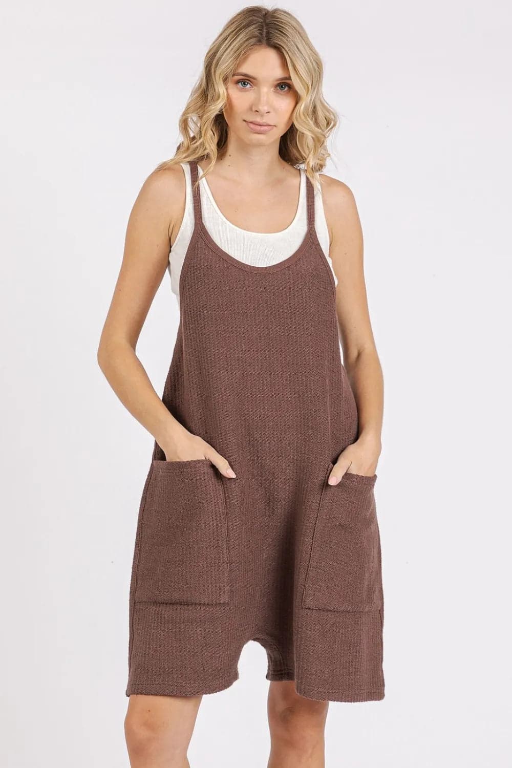 Mittoshop Scoop Neck Spaghetti Strap Overalls with Pockets - Brown / M - Thumbnail 2