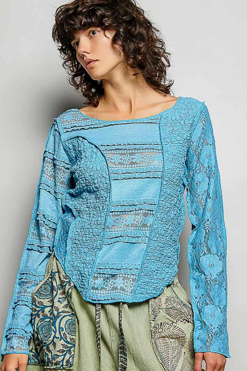 POL Round Neck Long Sleeve Exposed Seam Top with Lace Detail - TEAL BLUE / M