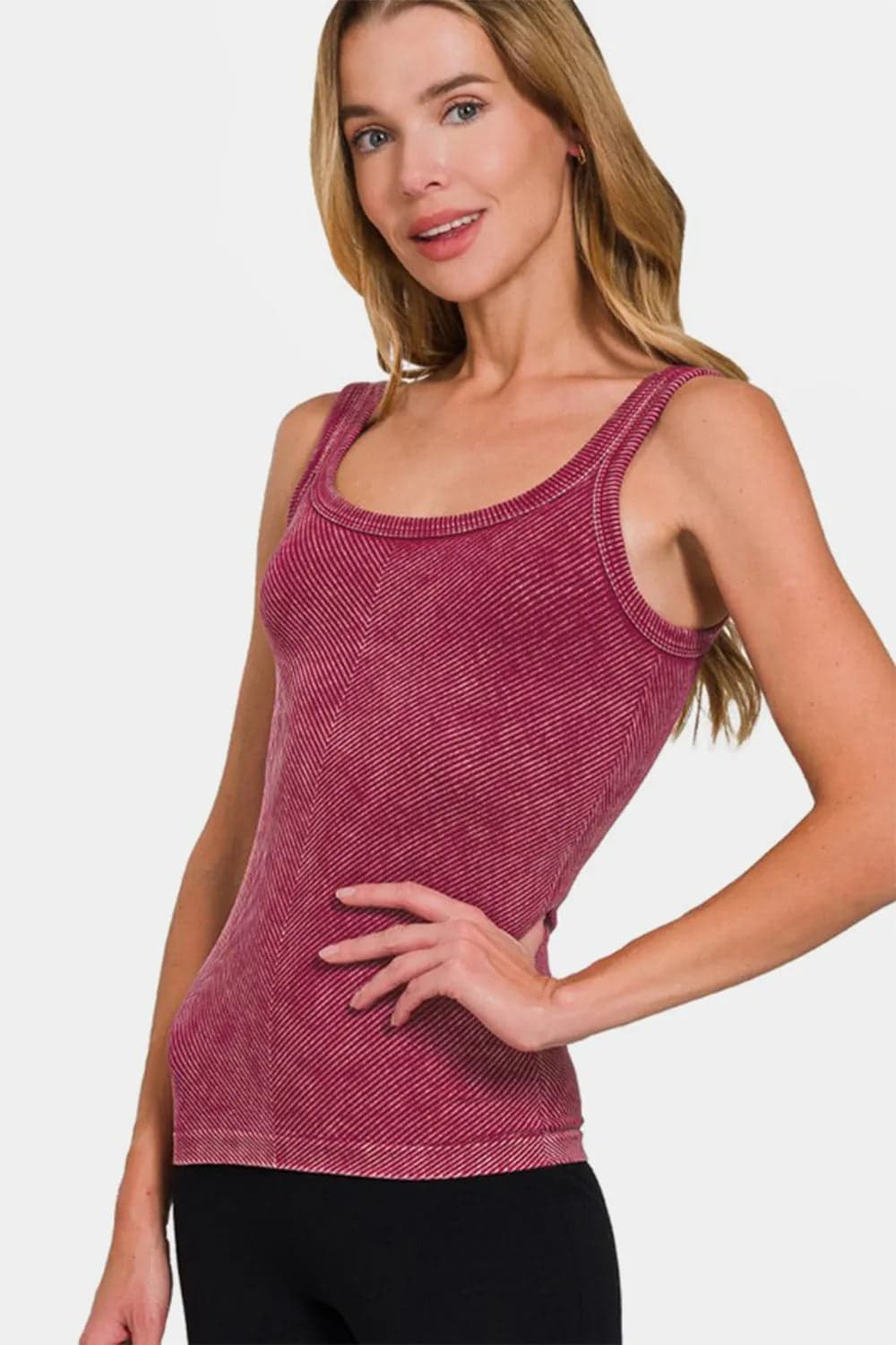 Zenana Ribbed Scoop Neck Tank - Burgundy / S/M