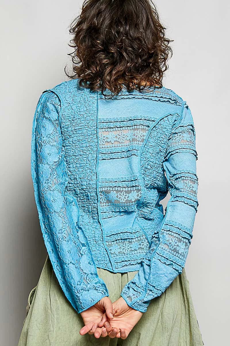 POL Round Neck Long Sleeve Exposed Seam Top with Lace Detail - TEAL BLUE / S - Thumbnail 3