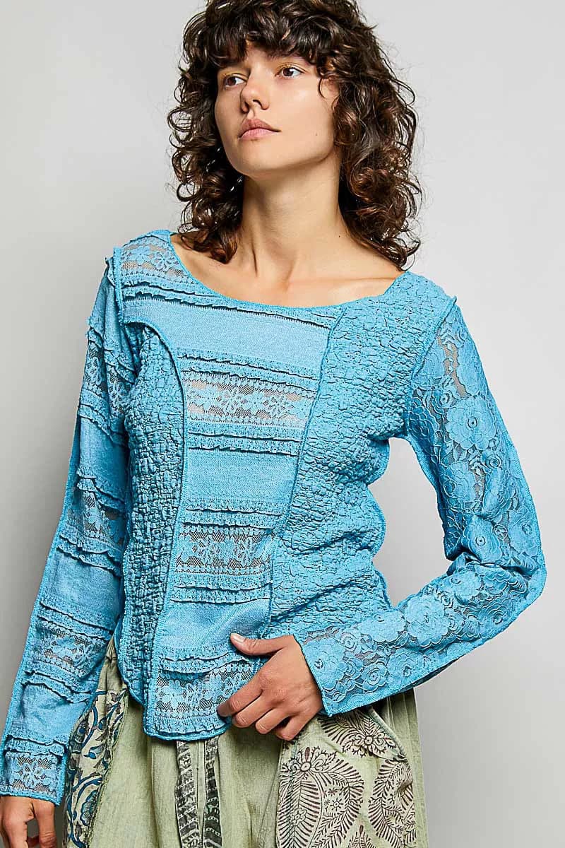 POL Round Neck Long Sleeve Exposed Seam Top with Lace Detail - TEAL BLUE / S - Thumbnail 5