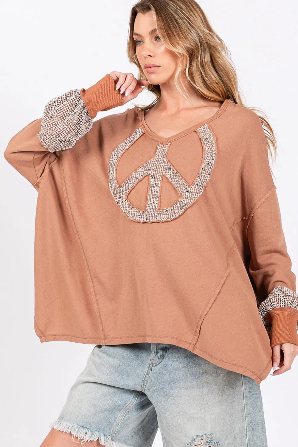 SAGE + FIG Peace Sign Mineral Wash Terry Top - Camel / S - Thumbnail 4