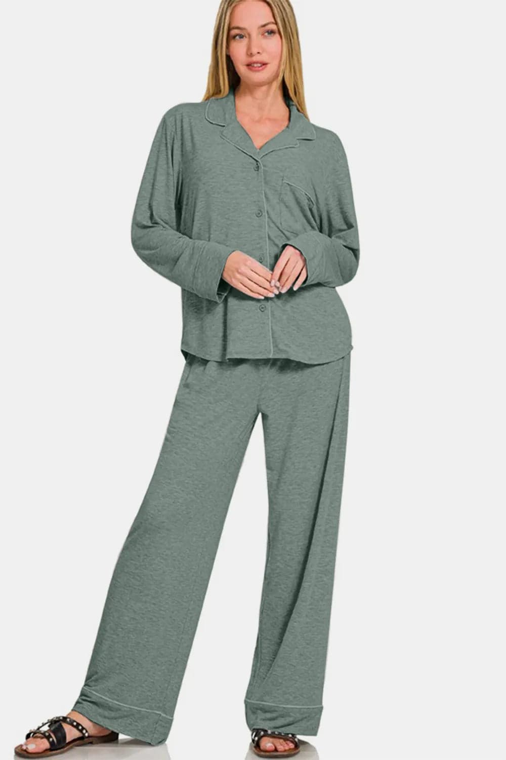 Zenana Button Down Long Sleeve Top and Pants Lounge Set - Sage / XL - Thumbnail 3