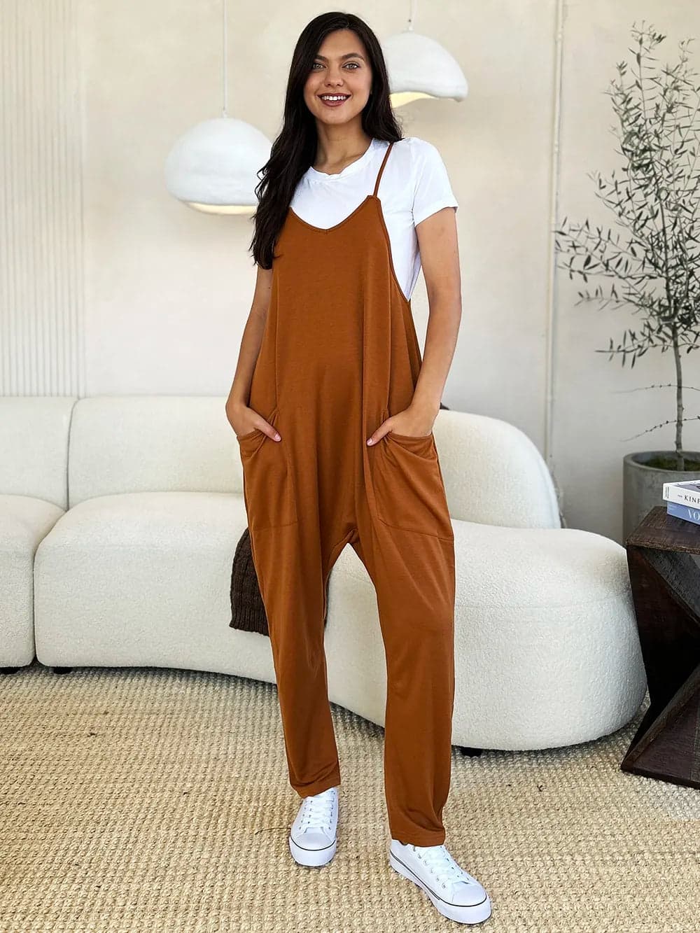 Double Take Full Size Sleeveless V-Neck Pocketed Jumpsuit - Orange / 3XL - Thumbnail 9