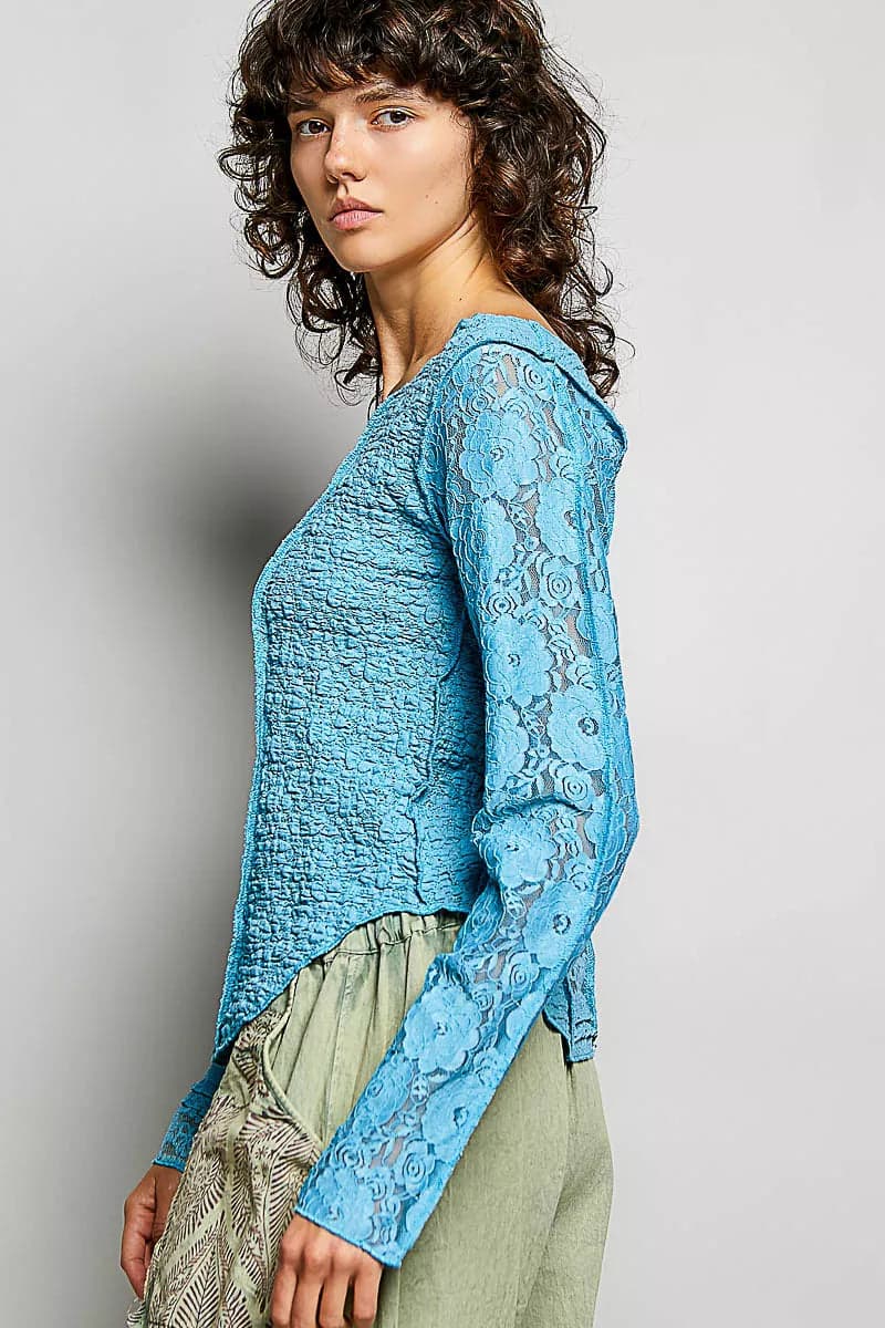 POL Round Neck Long Sleeve Exposed Seam Top with Lace Detail - TEAL BLUE / S - Thumbnail 2