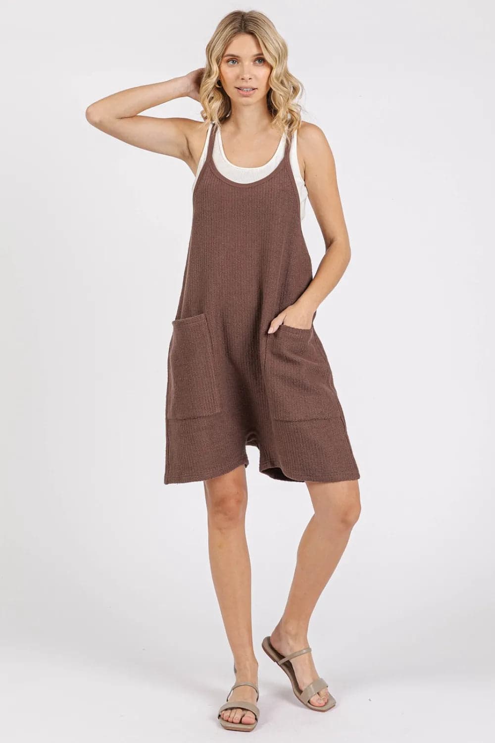 Mittoshop Scoop Neck Spaghetti Strap Overalls with Pockets - Brown / M - Thumbnail 5