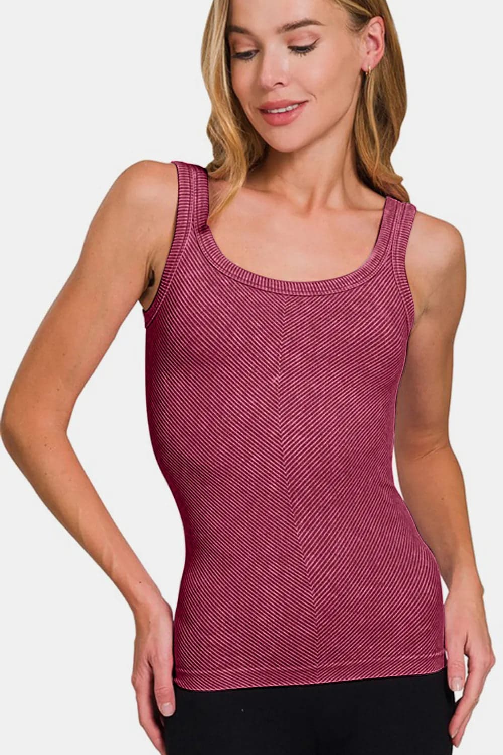 Zenana Ribbed Scoop Neck Tank - Burgundy / S/M - Thumbnail 3