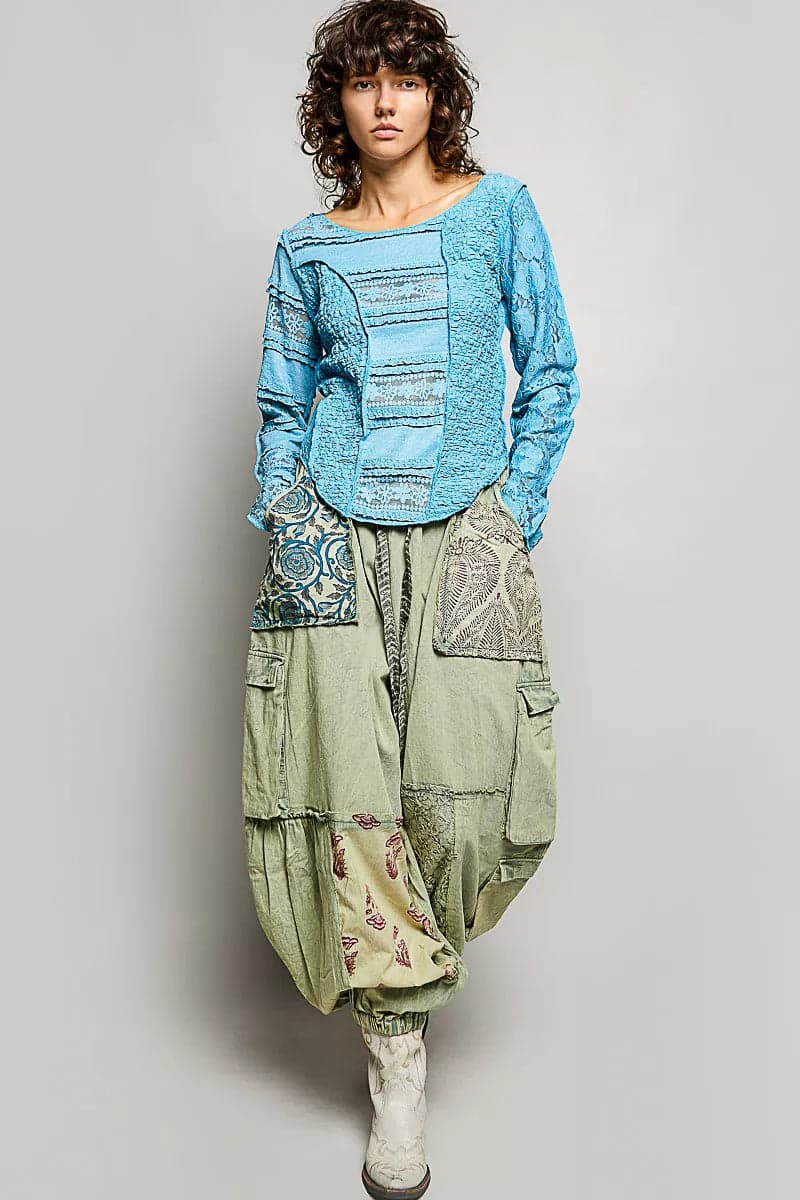 POL Round Neck Long Sleeve Exposed Seam Top with Lace Detail - TEAL BLUE / M - Thumbnail 4