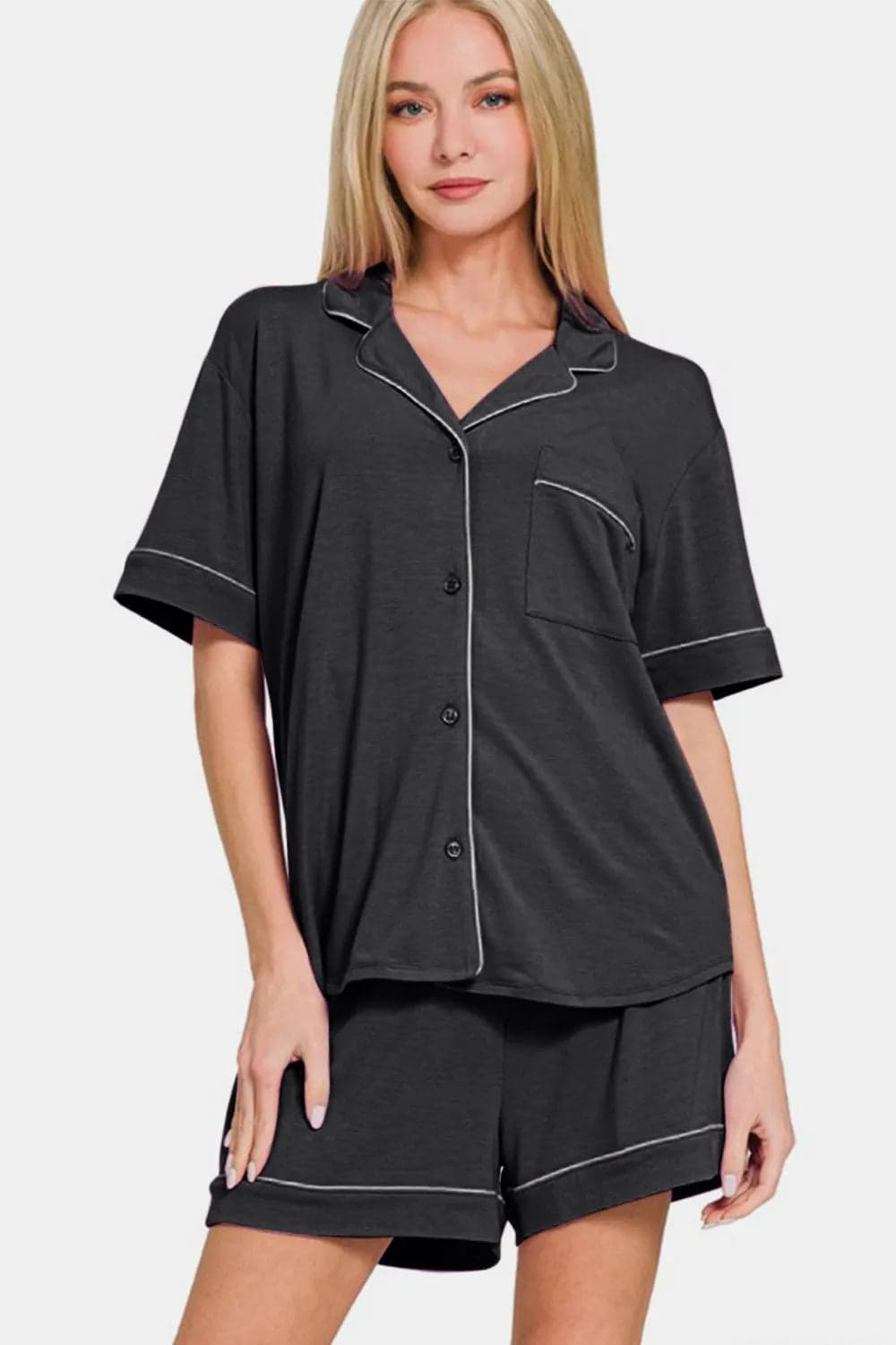 Zenana Button Down Short Sleeve Top and Shorts Lounge Set - Black / L - Thumbnail 3