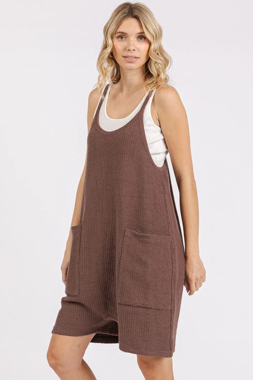 Mittoshop Scoop Neck Spaghetti Strap Overalls with Pockets - Brown / M - Thumbnail 4