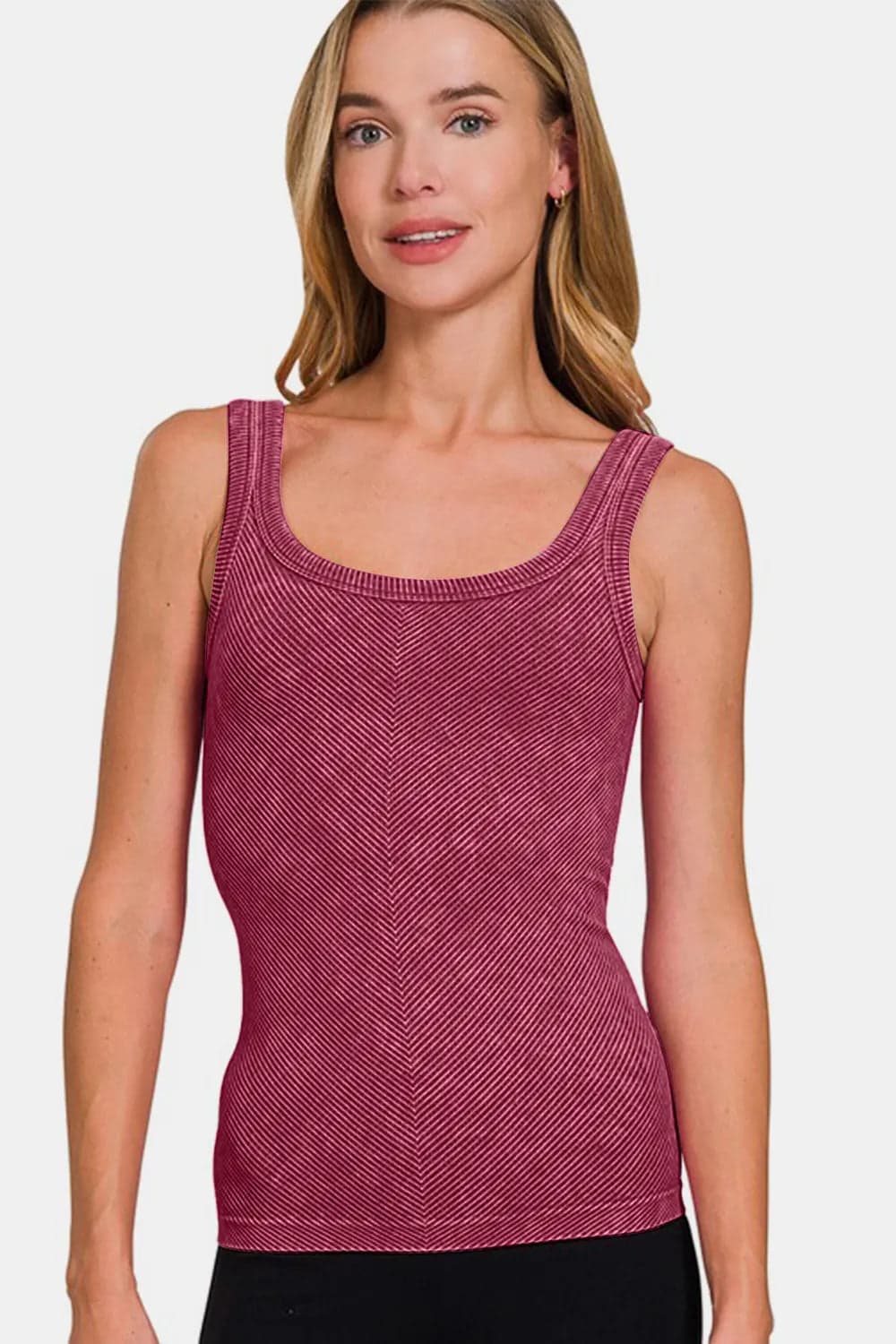 Zenana Ribbed Scoop Neck Tank - Burgundy / S/M - Thumbnail 2
