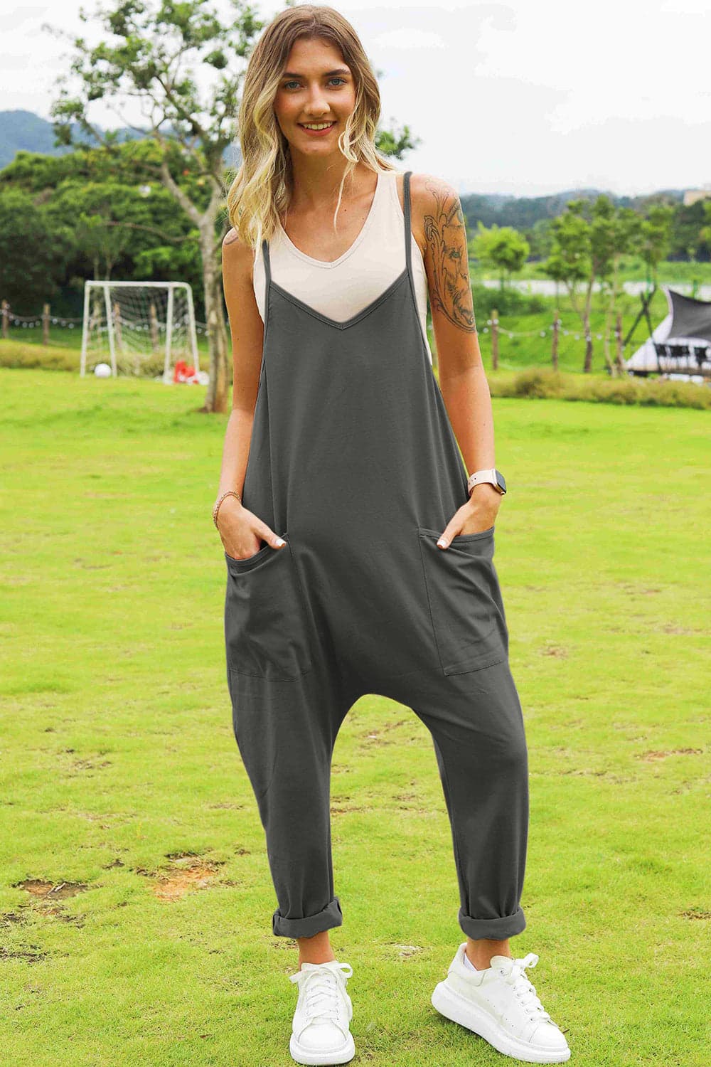 Double Take Full Size Sleeveless V-Neck Pocketed Jumpsuit - Orange / 3XL - Thumbnail 3