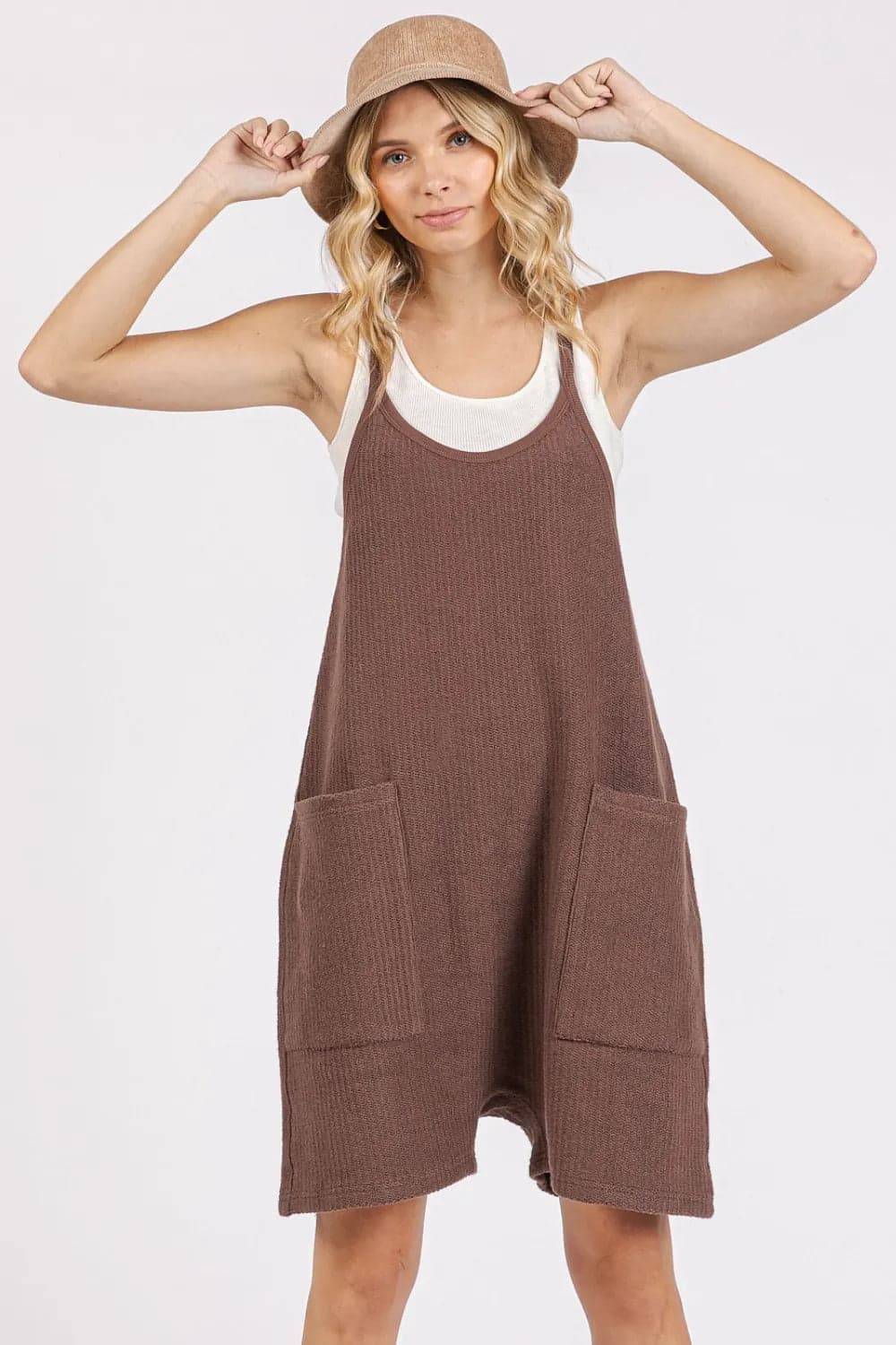 Mittoshop Scoop Neck Spaghetti Strap Overalls with Pockets - Brown / M