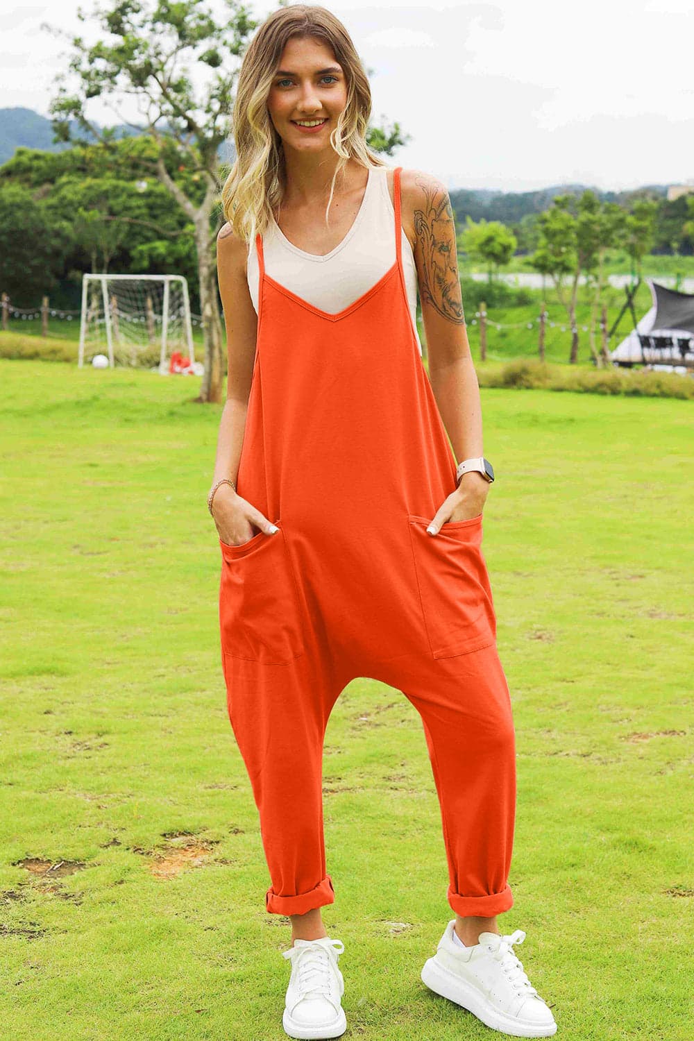 Double Take Full Size Sleeveless V-Neck Pocketed Jumpsuit - Orange / 3XL - Thumbnail 20