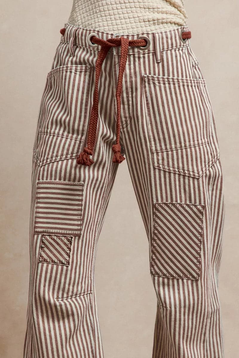 BiBi Drawstring Striped Twill Barrel Pants - MOCHA BROWN / L