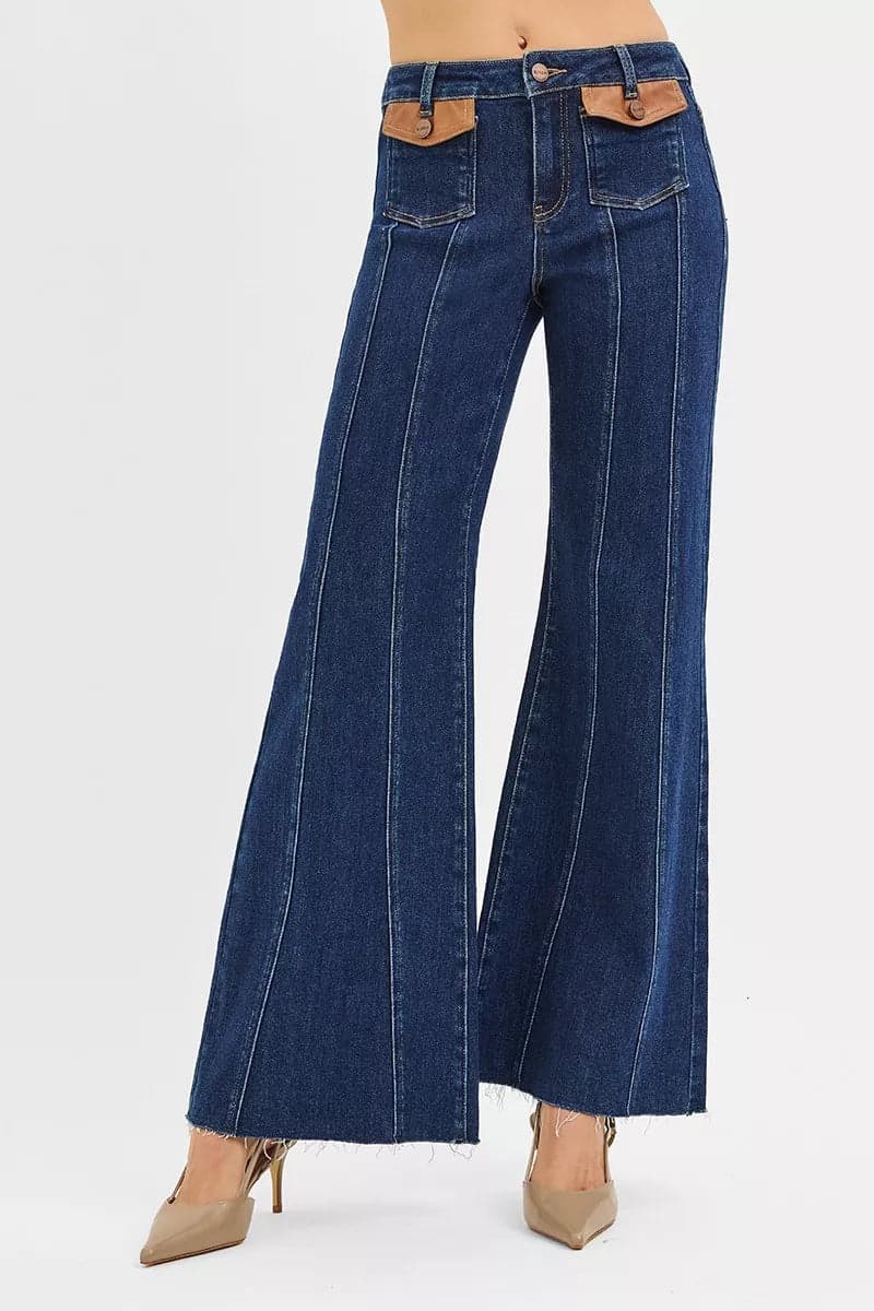 RISEN High Rise Wide Flare Jeans with Front Leather Pocket Detail - DARK / 7 - Thumbnail 2