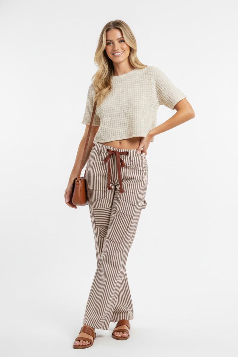 BiBi Drawstring Striped Twill Barrel Pants - MOCHA BROWN / XL - Thumbnail 3
