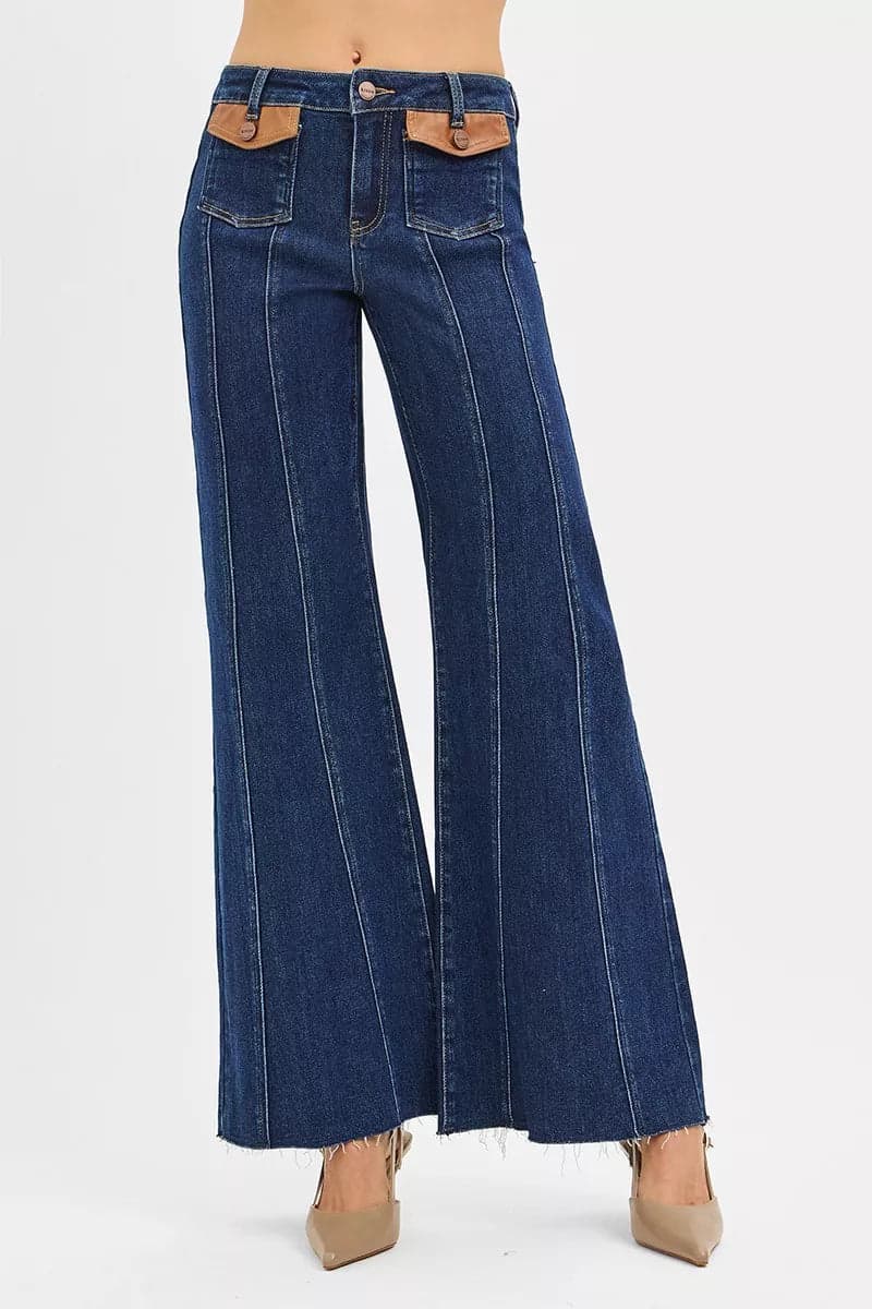 RISEN High Rise Wide Flare Jeans with Front Leather Pocket Detail - DARK / 13